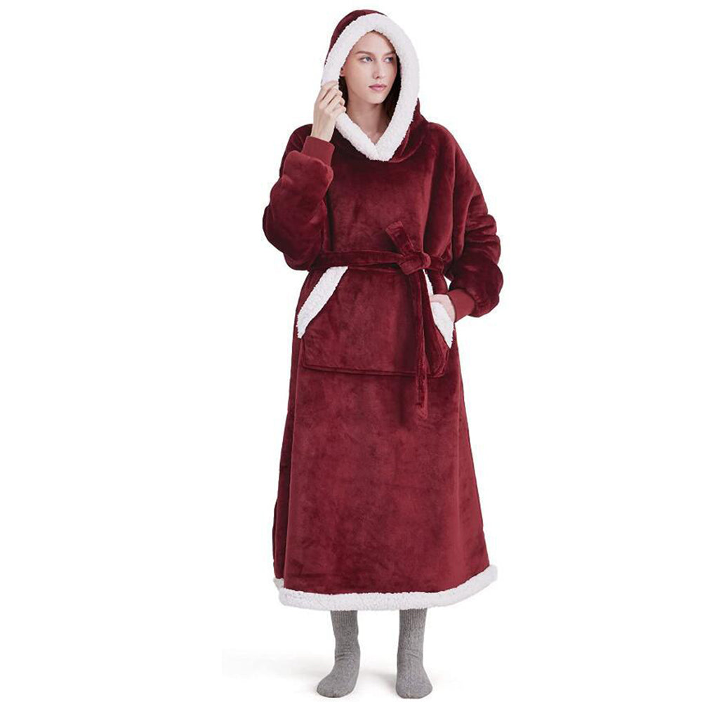 Fleece Long Wearable Blanket Hoodie with Giant Pocket and Belt Wine Red