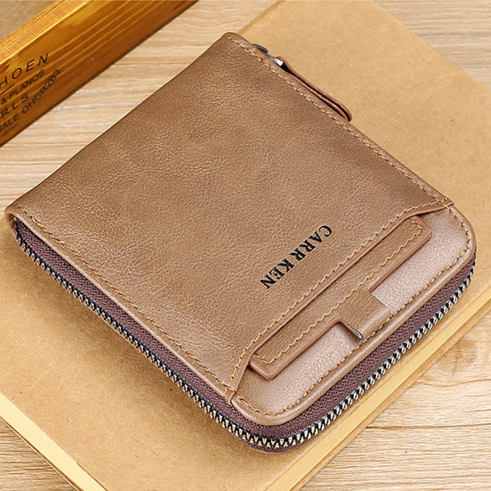 2Pcs Men PU Bifold Zip Around Wallet Credit Card ID Holder Brown+Grey
