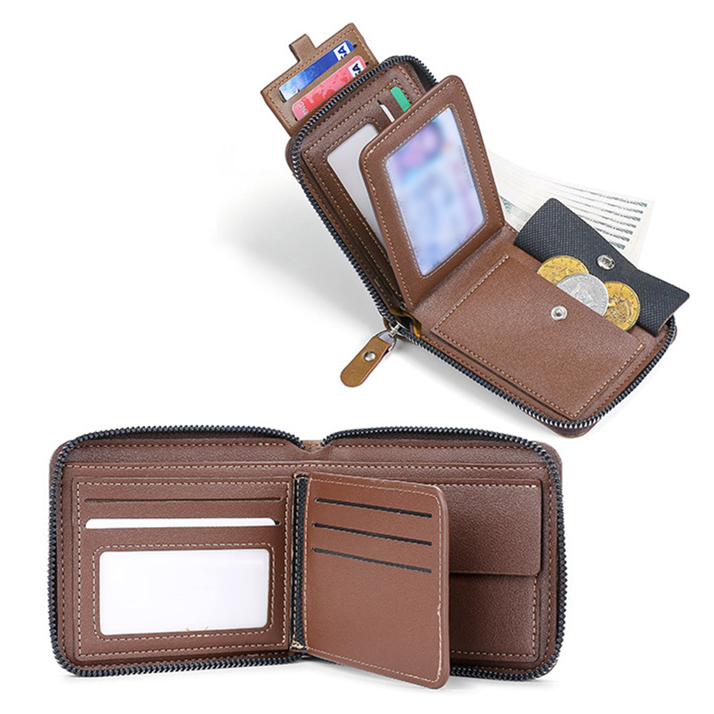 2Pcs Men PU Bifold Zip Around Wallet Credit Card ID Holder Coffee+Brown