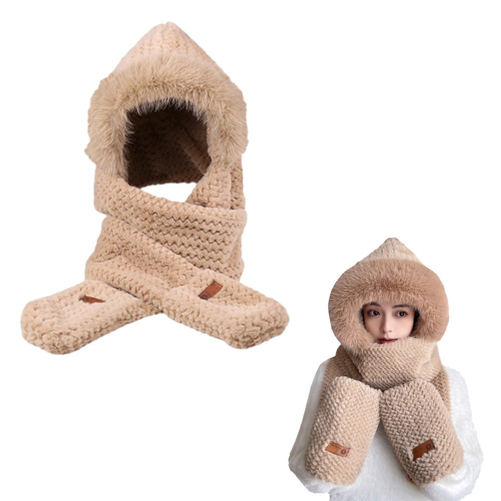 Women 3 in 1 Hooded Scarf Hat Gloves Winter Wind-Resistant and Warm Plush Hat
