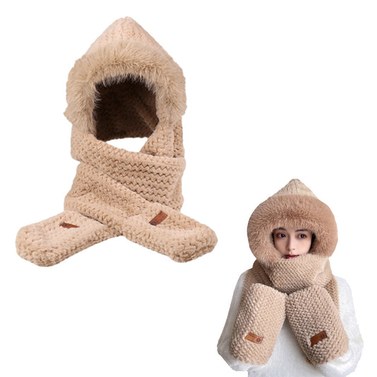 Women 3 in 1 Hooded Scarf Hat Gloves Winter Wind-Resistant and Warm Plush Hat