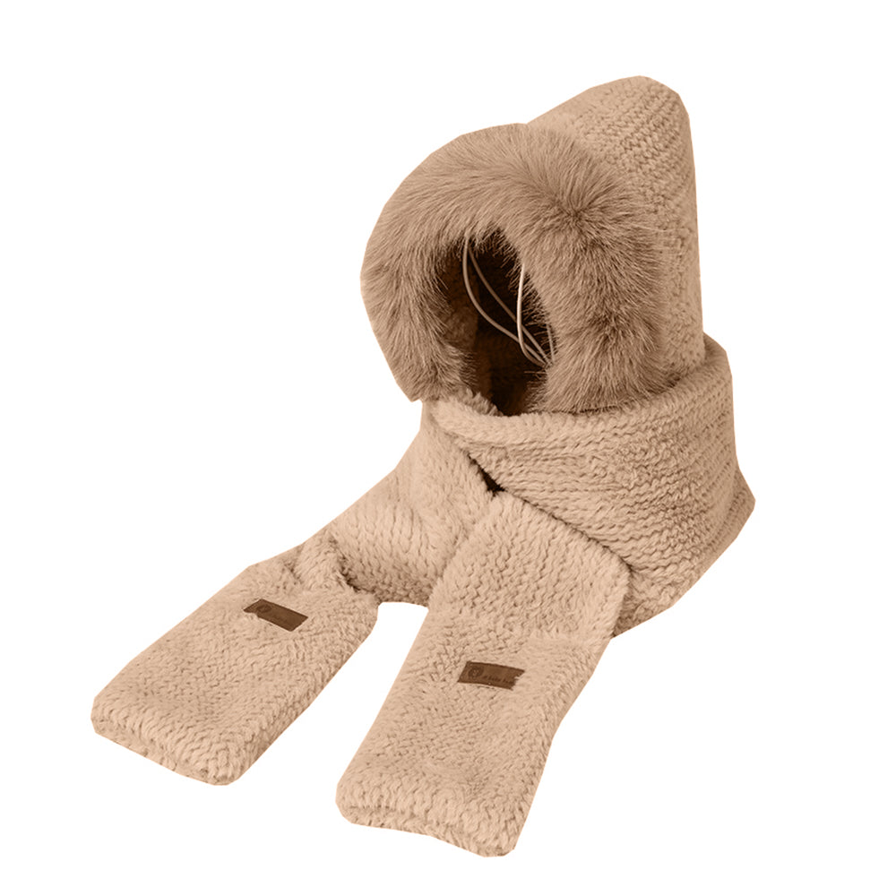 Women 3 in 1 Hooded Scarf Hat Gloves Winter Wind-Resistant and Warm Plush Hat