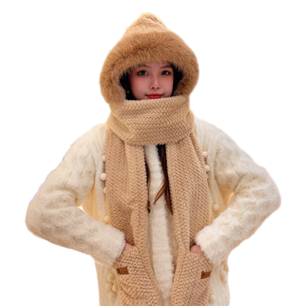 Women 3 in 1 Hooded Scarf Hat Gloves Winter Wind-Resistant and Warm Plush Hat