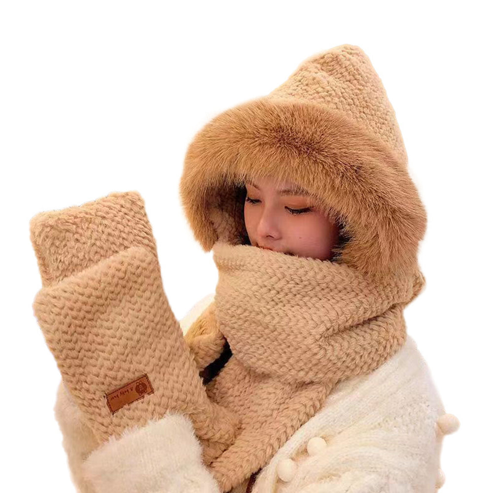 Women 3 in 1 Hooded Scarf Hat Gloves Winter Wind-Resistant and Warm Plush Hat