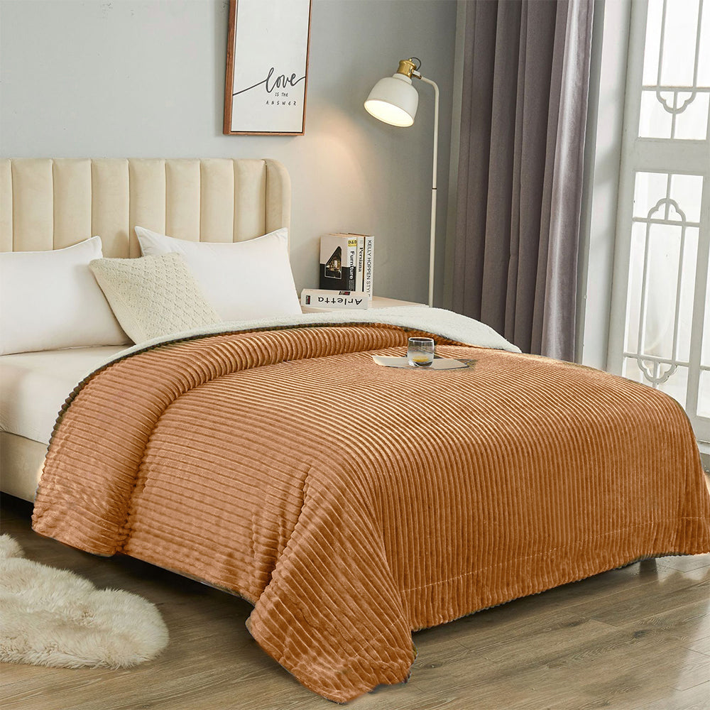 200x230cm Reversible Blanket Faux Lambswool Sherpa Throw Blanket Light Brown