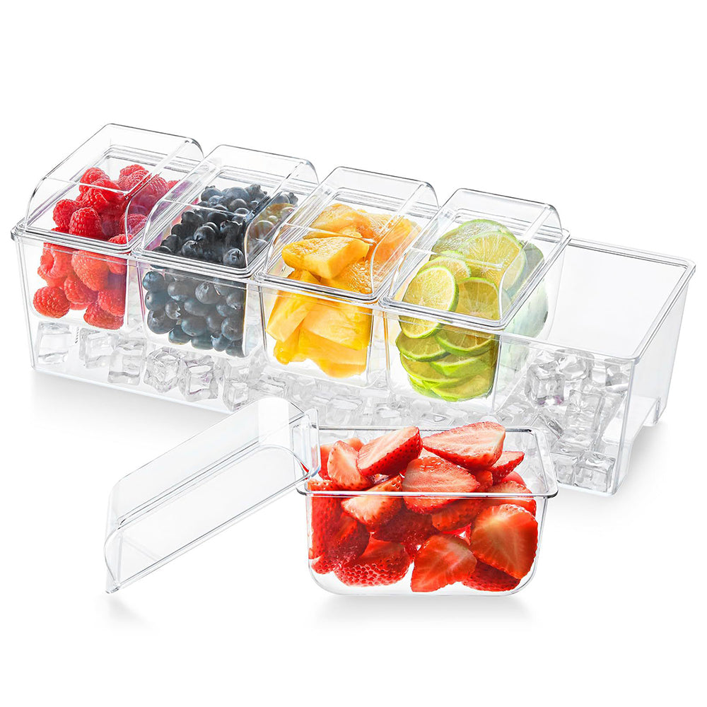 Ice Chilled Condiment Caddy with 5 Containers Plastic Chilled Garnish Tray Caddy