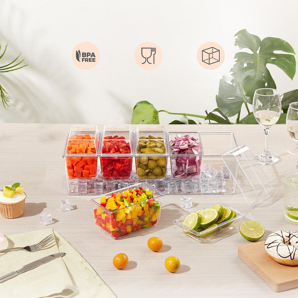 Ice Chilled Condiment Caddy with 5 Containers Plastic Chilled Garnish Tray Caddy