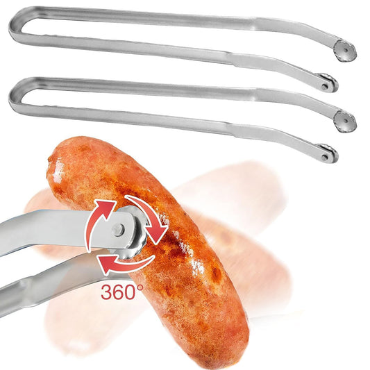 2Pcs 38cm BBQ Sausage Turning Tongs Long Handle Stainless Steel Kitchen Tool