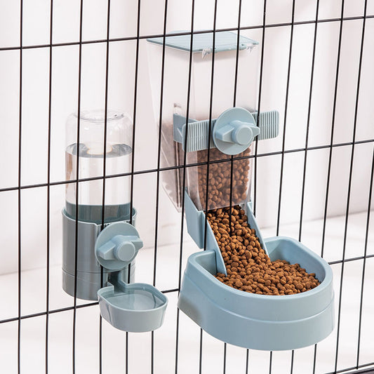 Automatic Pet Food Dispenser Cage Hanging Pet Feeder Water Food Bowl Light Blue