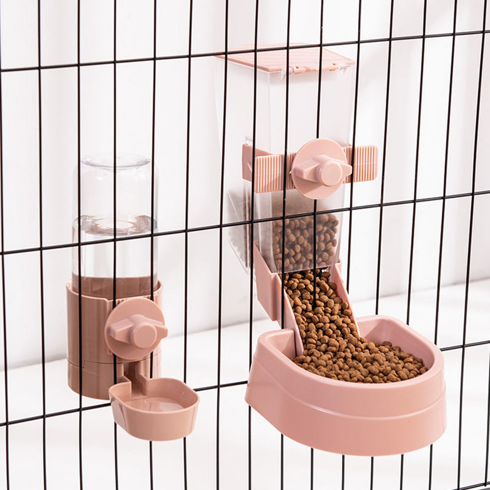 Automatic Pet Food Dispenser Cage Hanging Pet Feeder Water Food Bowl Pink
