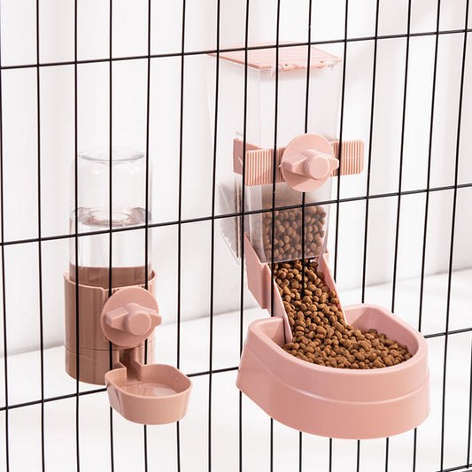 Automatic Pet Food Dispenser Cage Hanging Pet Feeder Water Food Bowl Pink