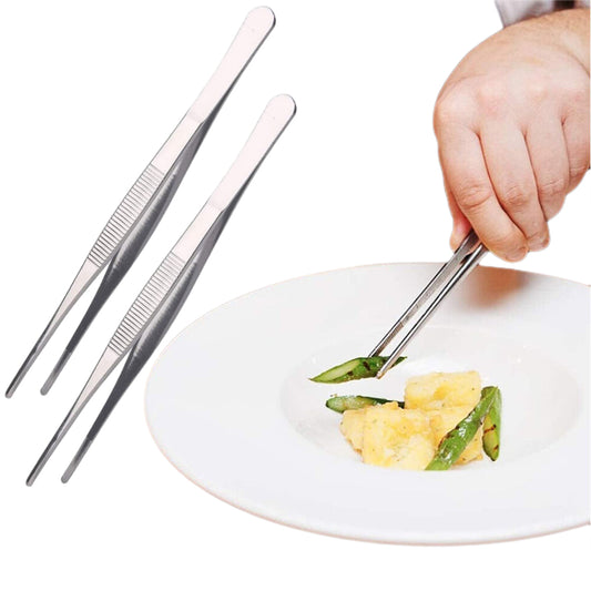 2Pcs Stainless Steel Long Food Tong Straight Fine Grill Tweezers Kitchen Tool