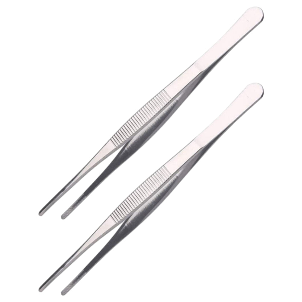 2Pcs Stainless Steel Long Food Tong Straight Fine Grill Tweezers Kitchen Tool