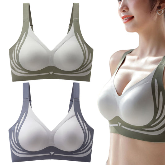 2Pcs Super Gather Bra Lifting Anti-Sagging Wireless Push Up Bra Blue Green 2XL