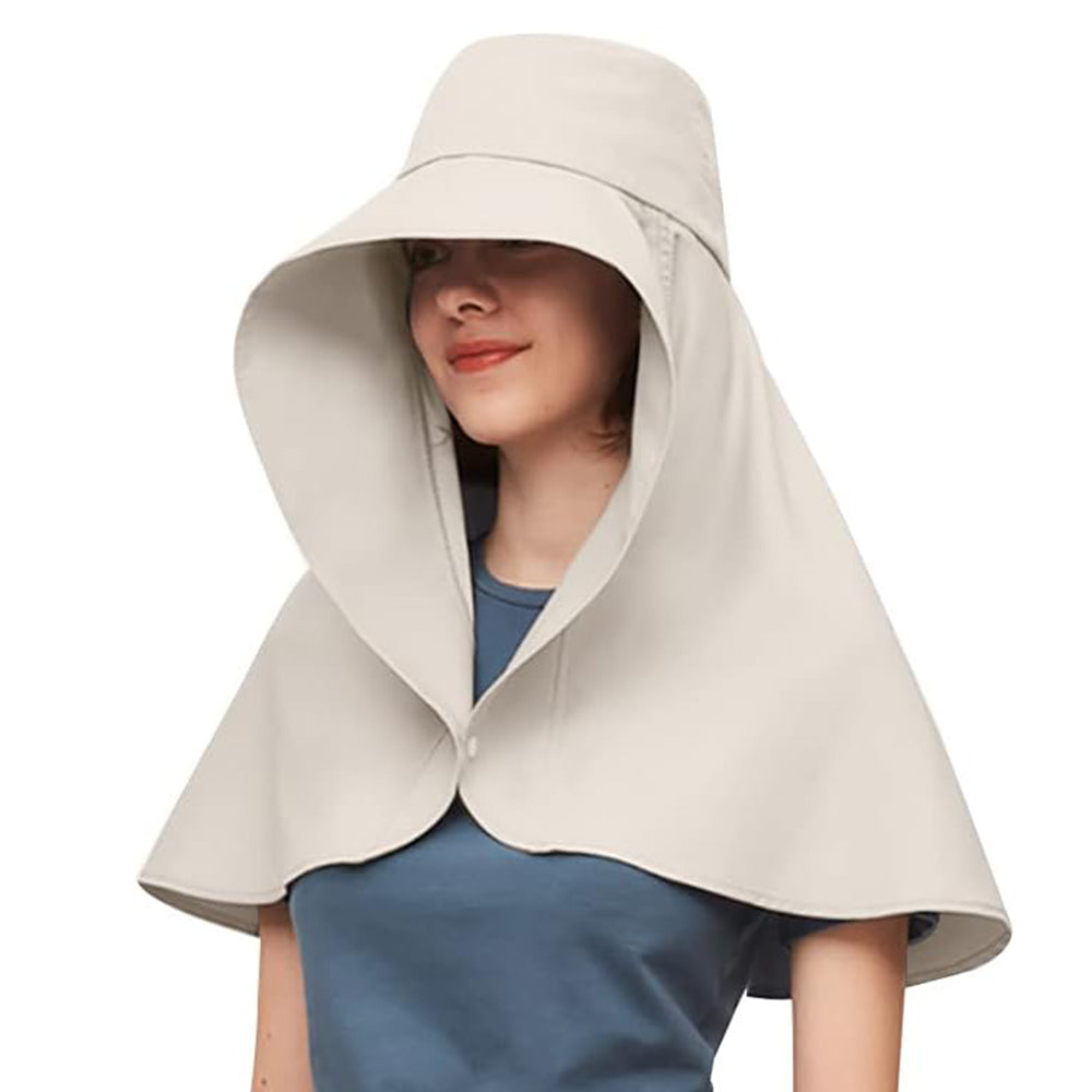 Sun Protection Wide Brim Hat Outdoor Beach Sun Hat Neck Flap Face Mask Cap Beige