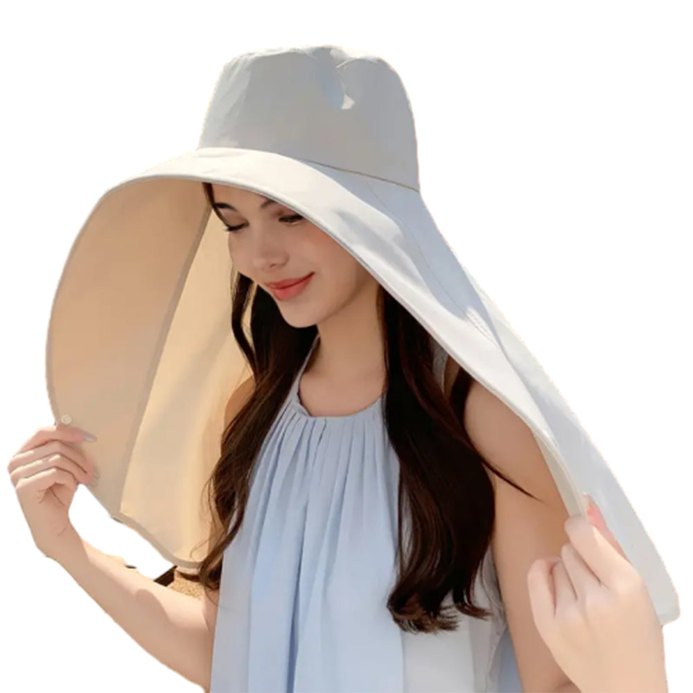 Sun Protection Wide Brim Hat Outdoor Beach Sun Hat Neck Flap Face Mask Cap Beige