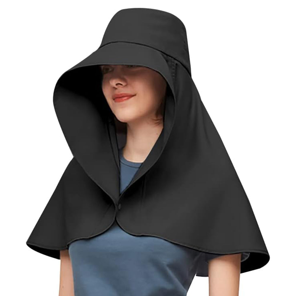 Sun Protection Wide Brim Hat Outdoor Beach Sun Hat Neck Flap Face Mask Cap Black