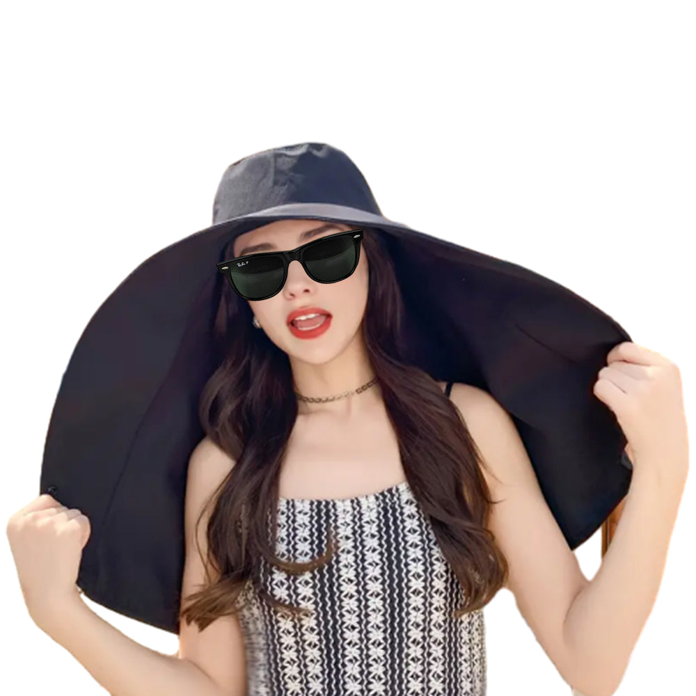Sun Protection Wide Brim Hat Outdoor Beach Sun Hat Neck Flap Face Mask Cap Black