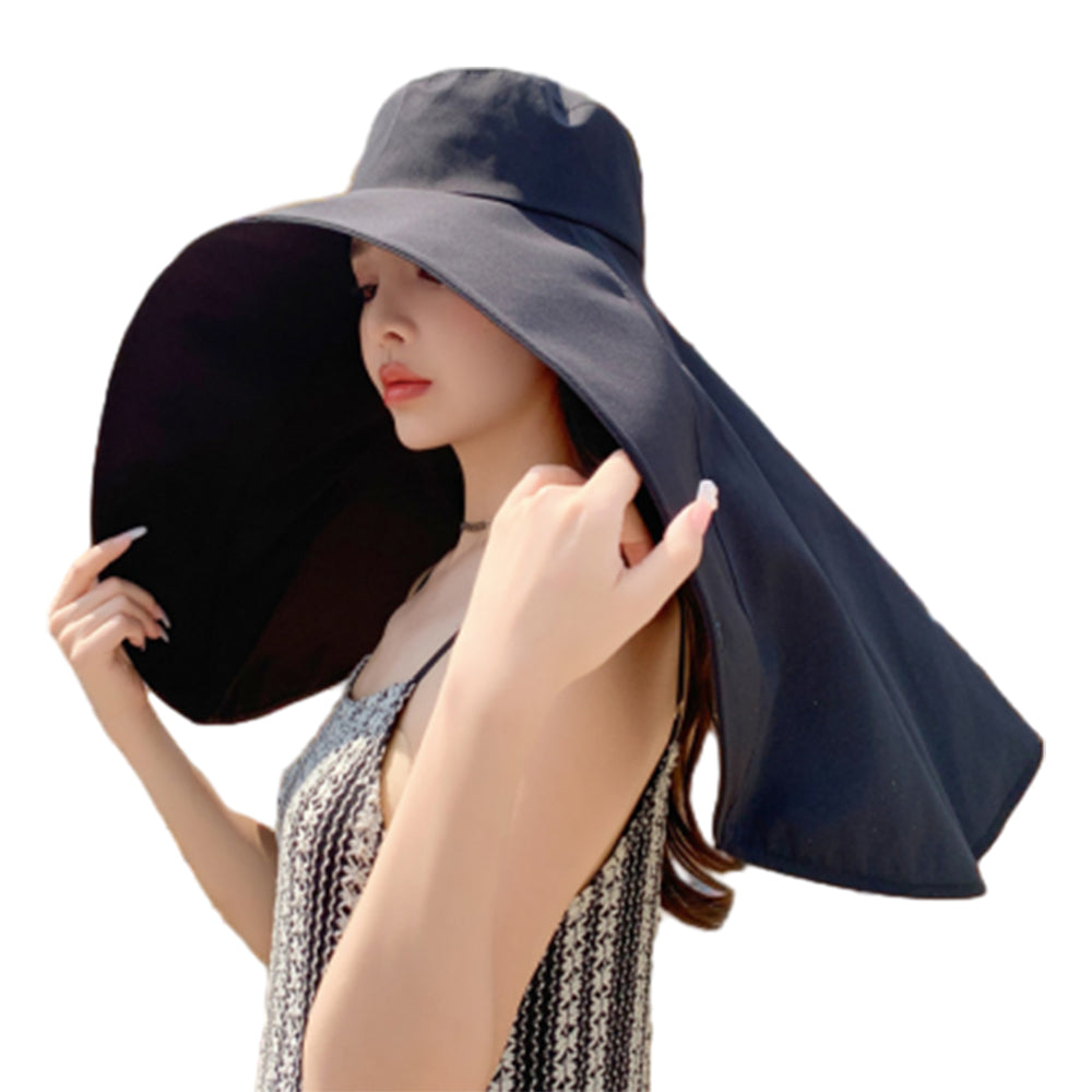 Sun Protection Wide Brim Hat Outdoor Beach Sun Hat Neck Flap Face Mask Cap Black