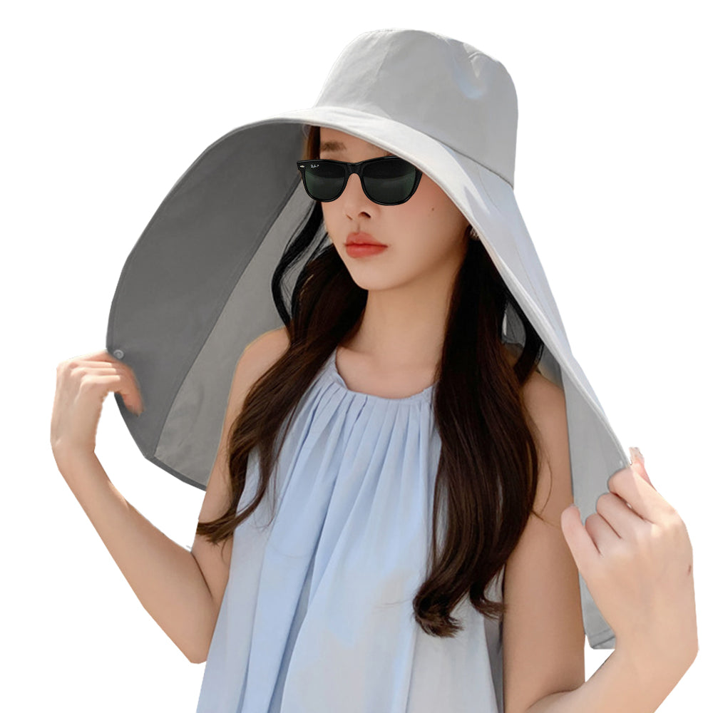 Sun Protection Wide Brim Hat Outdoor Beach Sun Hat Neck Flap Face Mask Cap Grey