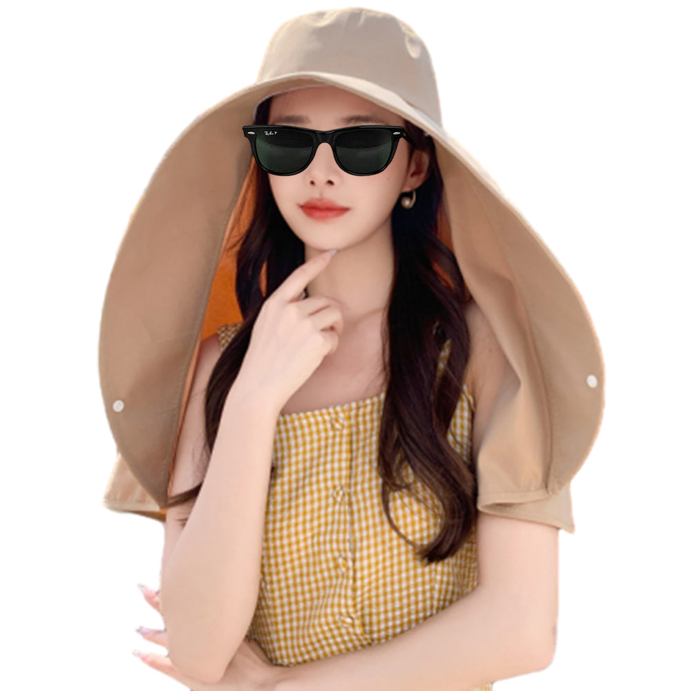 Sun Protection Wide Brim Hat Outdoor Beach Sun Hat Neck Flap Face Mask Cap Khaki