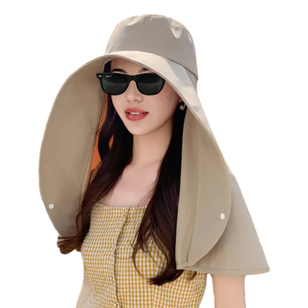 Sun Protection Wide Brim Hat Outdoor Beach Sun Hat Neck Flap Face Mask Cap Khaki