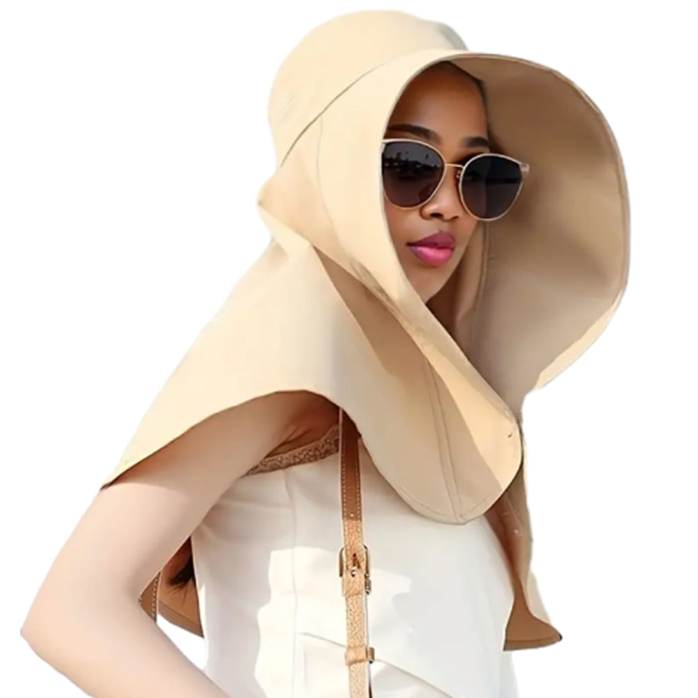 Sun Protection Wide Brim Hat Outdoor Beach Sun Hat Neck Flap Face Mask Cap Khaki