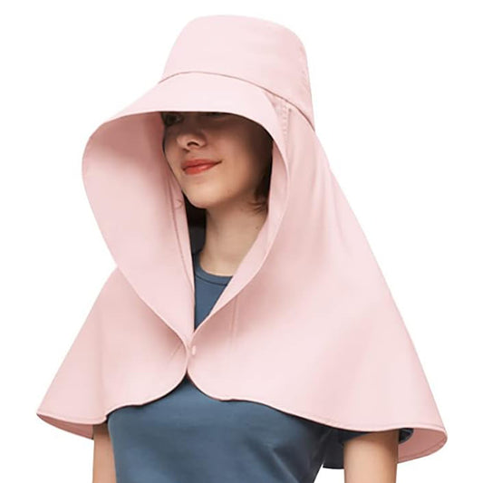 Sun Protection Wide Brim Hat Outdoor Beach Sun Hat Neck Flap Face Mask Cap Pink