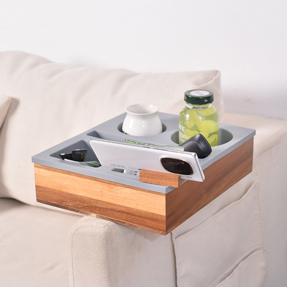 Couch Cup Holder Tray Silicone Bamboo Couch Caddy Rotatable Phone Holder Grey
