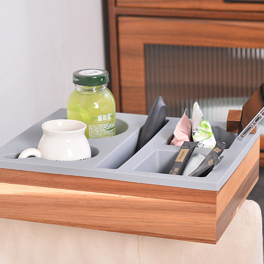 Couch Cup Holder Tray Silicone Bamboo Couch Caddy Rotatable Phone Holder Grey