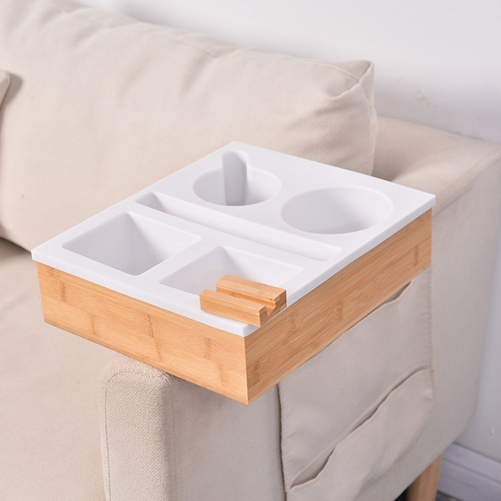Couch Cup Holder Tray Silicone Bamboo Couch Caddy Rotatable Phone Holder White