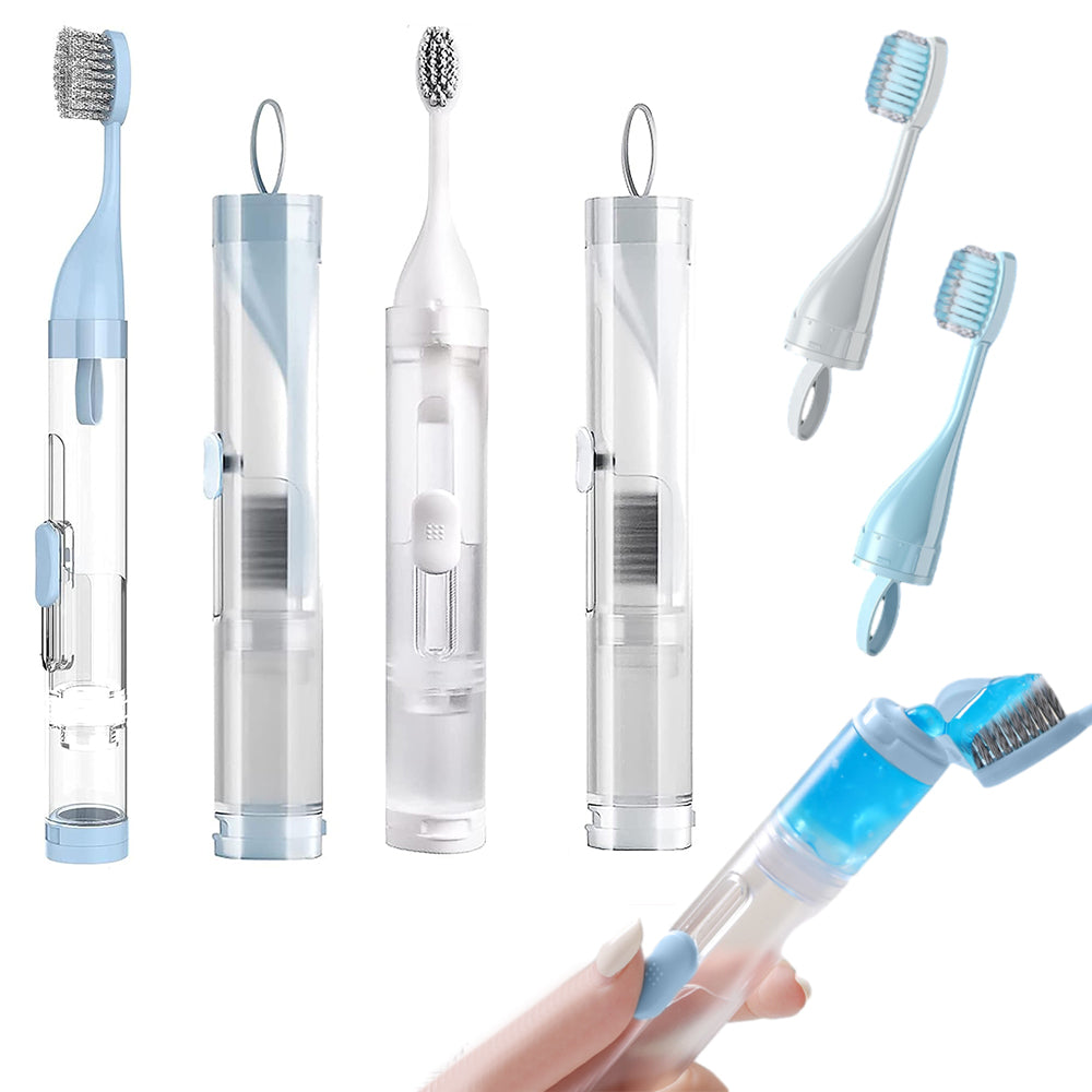 2Pcs Toothbrushes Kit Fold Travel Size Built-in Travel Toothpaste Container
