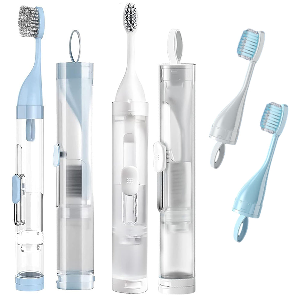 2Pcs Toothbrushes Kit Fold Travel Size Built-in Travel Toothpaste Container