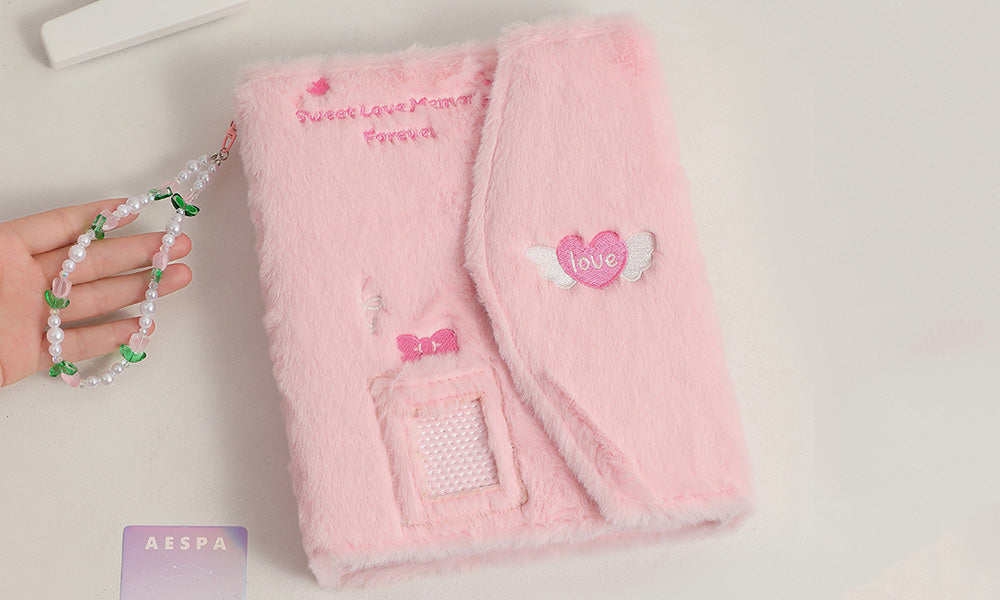 A5 Fluffy Embroidered 6-Ring Snap Closure Photo Album with 4-Pocket Card Pages