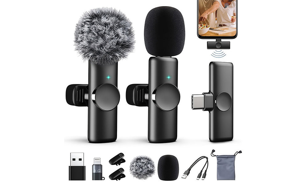 2-in-1 Wireless Lavalier Microphone Set for iPhone and Android Clip-On Plug and Play Mic for Vlog Interview Live Streaming