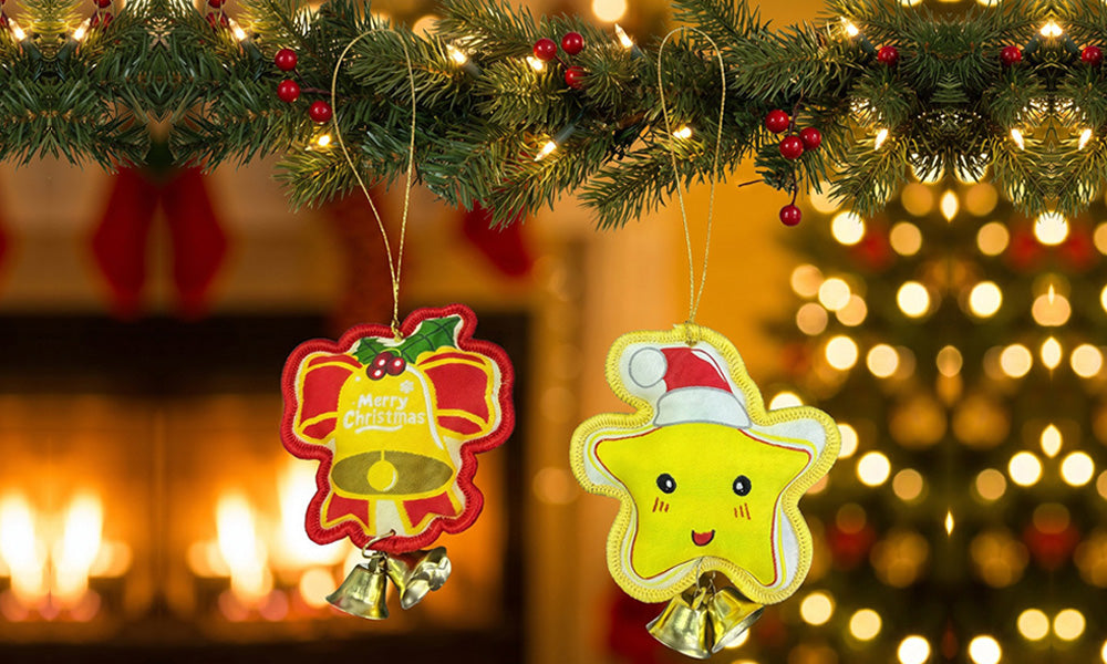 6 PCS Embroidered Padded Christmas Ornaments with Metal Jingle Bells