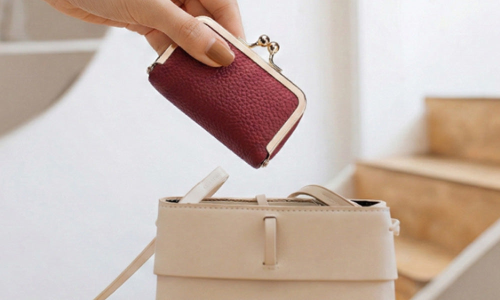 Genuine Leather Lipstick Pouch with Mirror Kiss Lock and Compartments