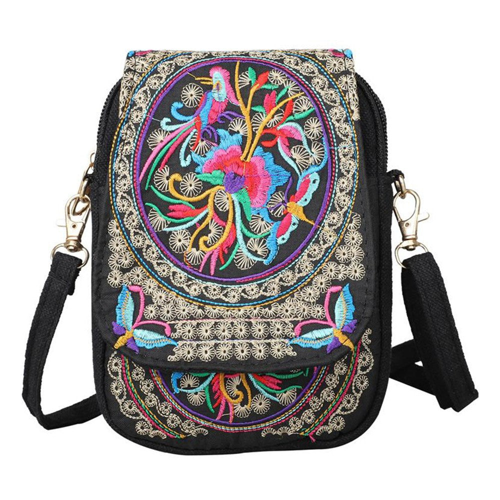 Womens Ethnic Embroidered Canvas Crossbody Bag Cell Phone Purse - Colorful