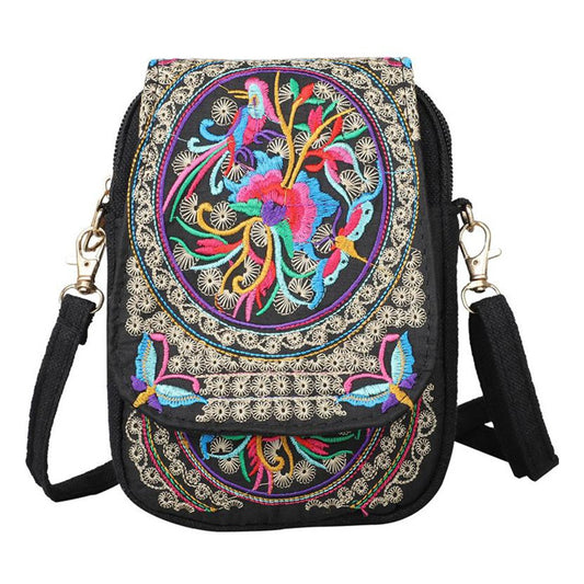 Womens Ethnic Embroidered Canvas Crossbody Bag Cell Phone Purse - Colorful