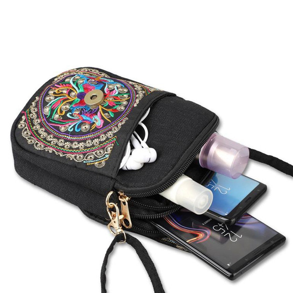 Womens Ethnic Embroidered Canvas Crossbody Bag Cell Phone Purse - Colorful