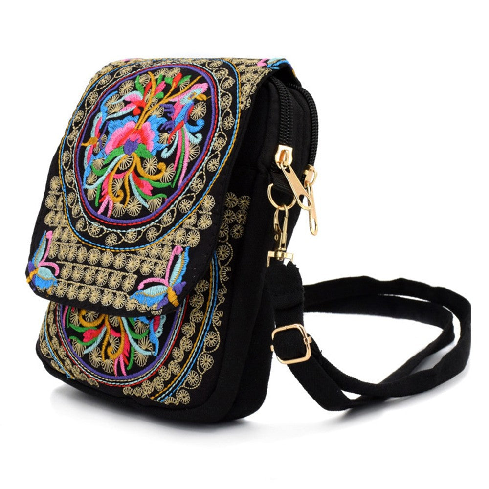 Womens Ethnic Embroidered Canvas Crossbody Bag Cell Phone Purse - Colorful