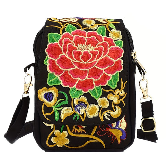 Womens Ethnic Embroidered Canvas Crossbody Bag Cell Phone Purse - Red Flower