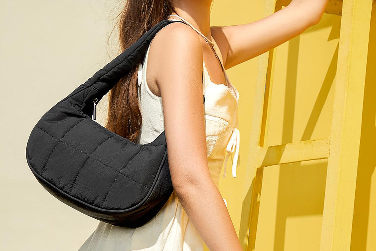 Small Puffer Crescent Shoulder Bag for Women Nylon Quilted Handbag with Adjustable Strap