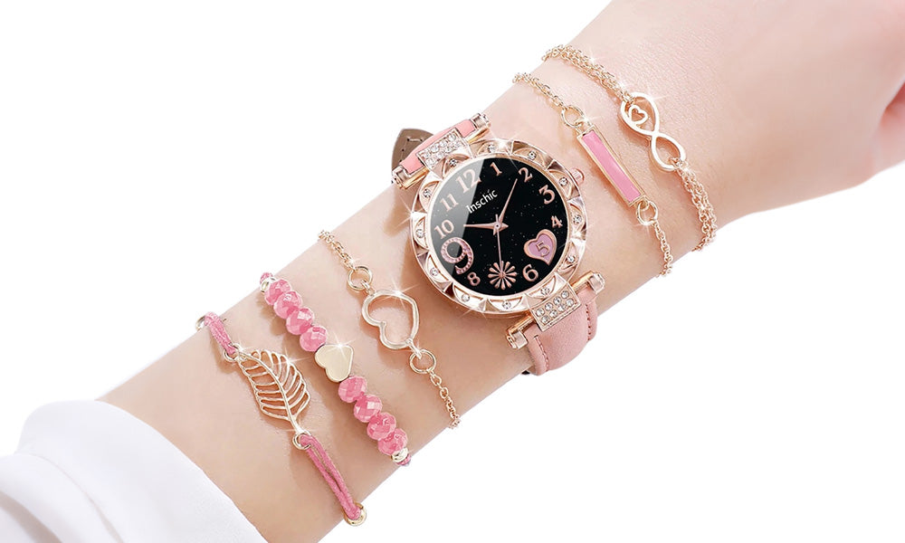 Women Quartz Watch and Beaded Bracelet Set Fashion Wristwatch Jewelry Gift Set