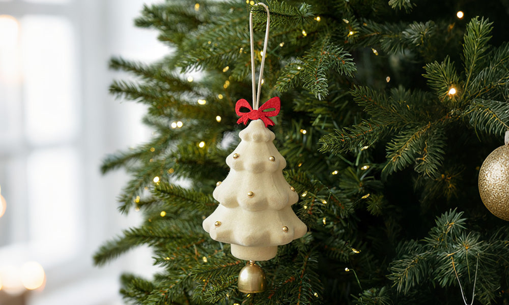 3PCS Flocked Christmas Tree Hanging Ornaments with Bell Pendants