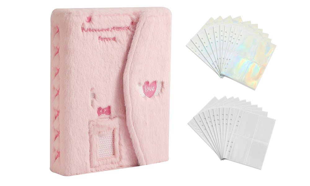A5 Fluffy Embroidered 6-Ring Snap Closure Photo Album with 4-Pocket Card Pages