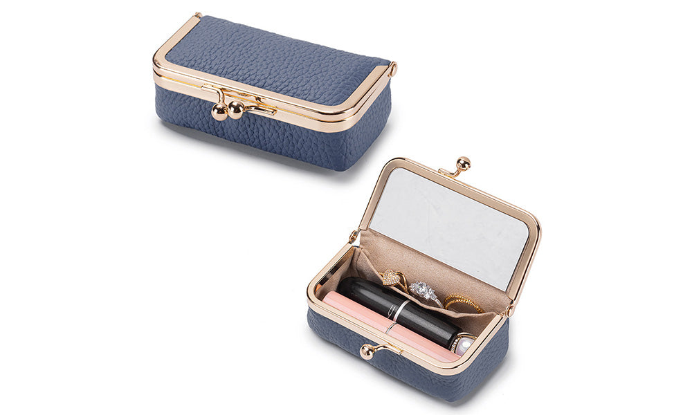 Genuine Leather Lipstick Pouch with Mirror Kiss Lock and Compartments