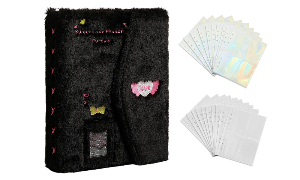 A5 Fluffy Embroidered 6-Ring Snap Closure Photo Album with 4-Pocket Card Pages