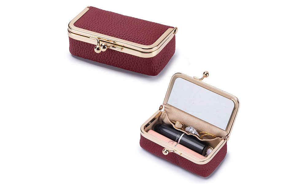 Genuine Leather Lipstick Pouch with Mirror Kiss Lock and Compartments