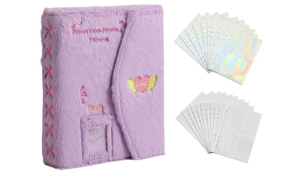 A5 Fluffy Embroidered 6-Ring Snap Closure Photo Album with 4-Pocket Card Pages